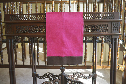 Multicolored Hemstitch Guest Towel. Pink Peacock & Fondue Fudge